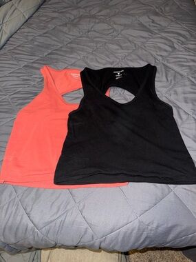 American Eagle Outfitters Black & Coral Racerback Tank Tops with keyhole back
